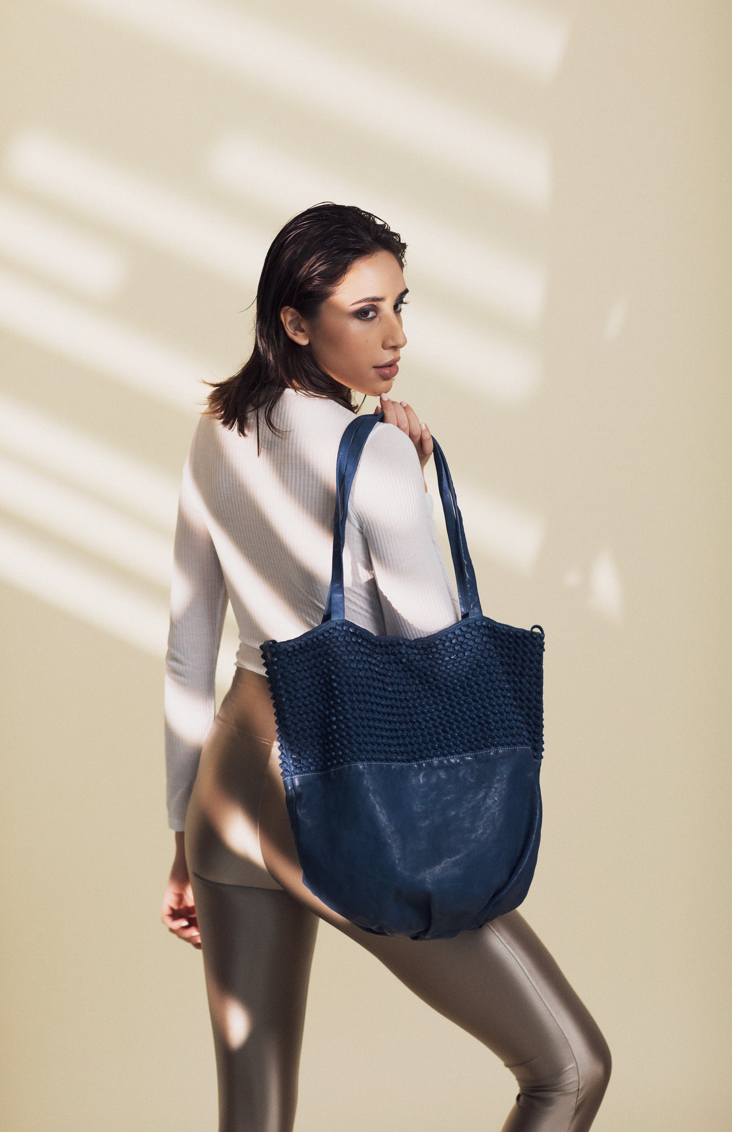 Ornella Stud leather shopper bag in teal