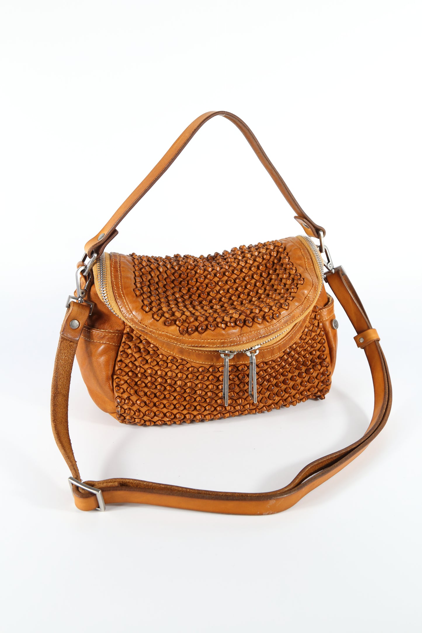 Priscilla Stud bowler bag in wheat-colored leather