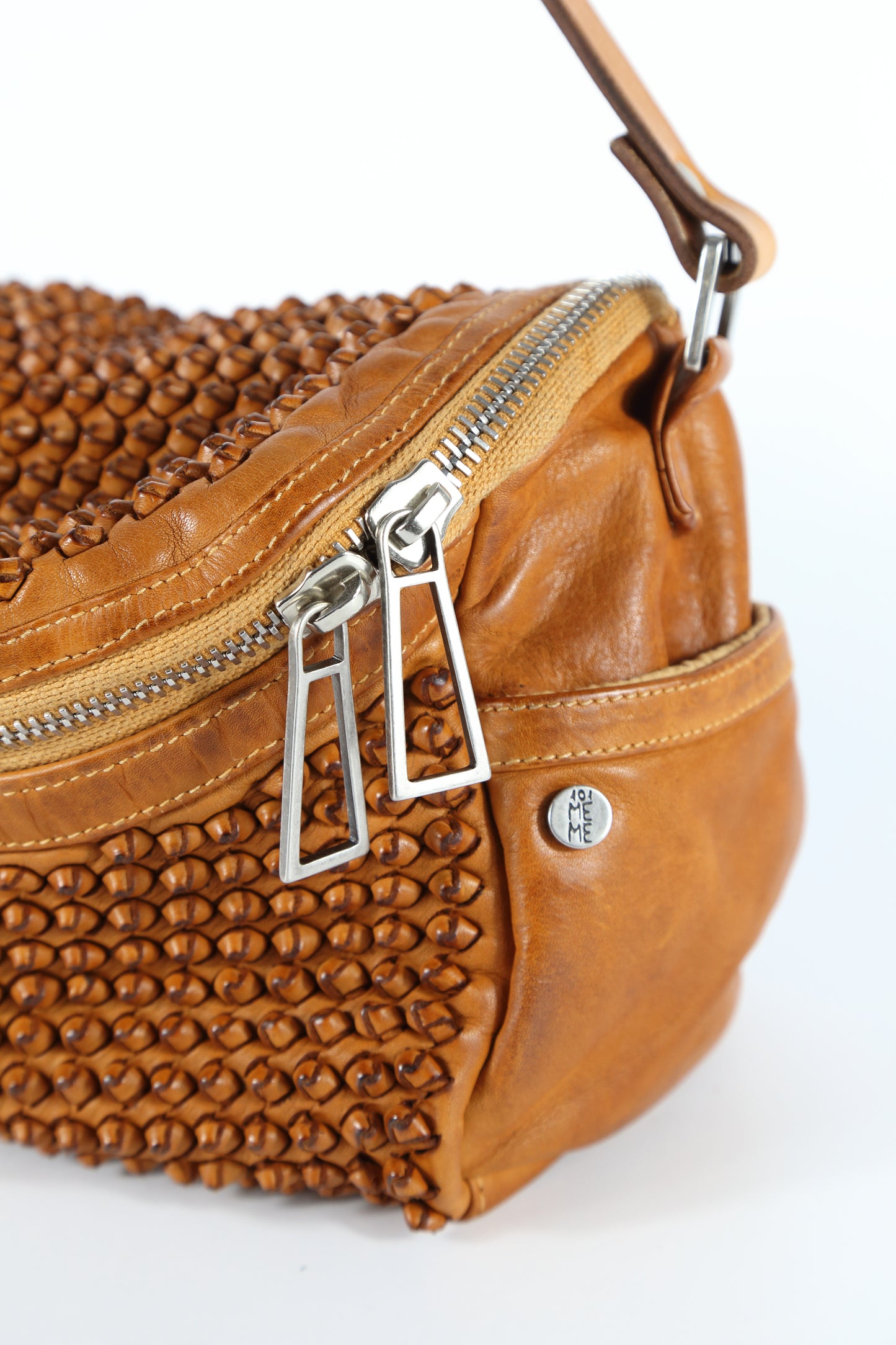 Priscilla Stud bowler bag in wheat-colored leather